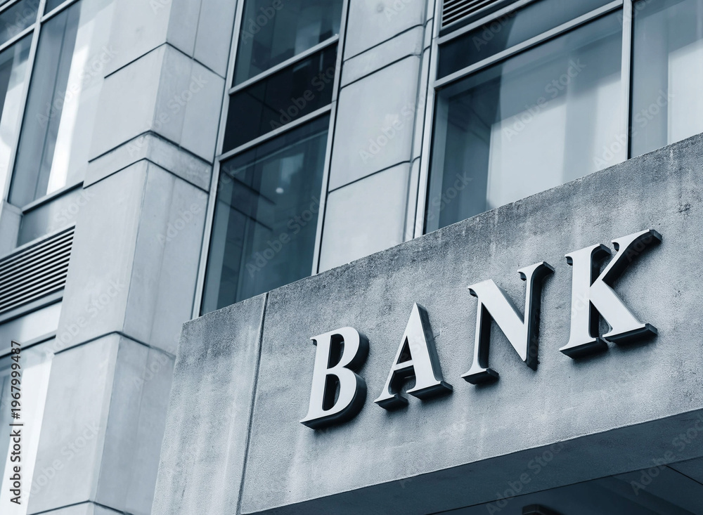 Fototapeta premium Close up of a modern bank building facade with large reflective windows and a prominent concrete sign displaying the word BANK in silver letters on a 