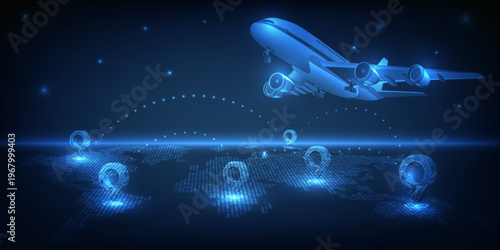 Vector illustration of airbus flying through world map and destination around the world.