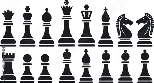 Black and white chess pieces arranged in two rows on white background for strategy, game, and competition concept