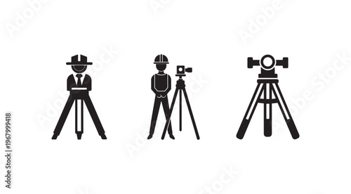 Black and white icons of people with surveying equipment and camera on tripod stands for construction and photography  isolated on white background