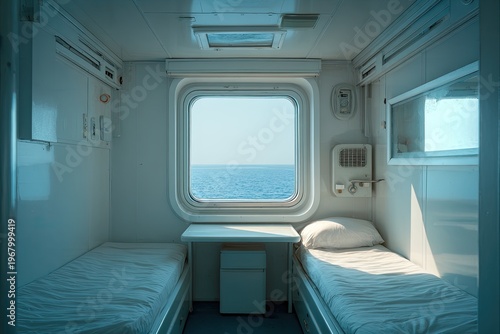 Interior view of a ship cabin with two beds, small table and window facing the sea