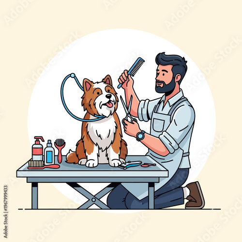 Professional groomer cuts dog's fur with scissors and comb on grooming table