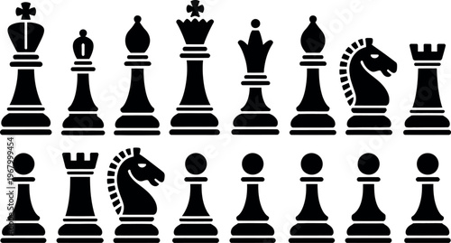 Black and white chess pieces arranged in two rows on white background for strategy, game, and competition concept