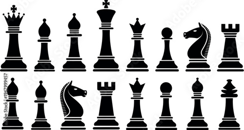 Black and white chess pieces arranged in two rows on white background for strategy, game, and competition concept