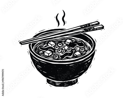 Bowl of a hot asian soup with noodles and chopsticks isolated on transparent background. Vector illustration.
