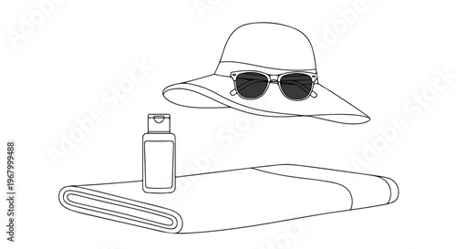 Minimalist beach accessories line art vector, summer vacation essentials with sun hat and sunglasses, sunscreen bottle on folded towel illustration