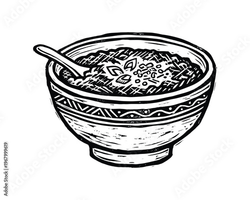 Bowl of porridge with spoon, healthy breakfast, food drawing, vector illustration