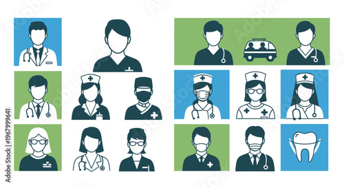 Diverse team of medical professionals representing various healthcare roles and specialties.
