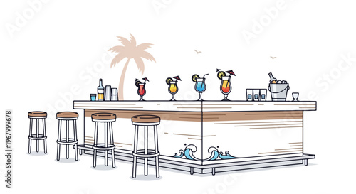 Tropical beach bar vector illustration, outdoor cocktail lounge with bar stools and palm tree, summer vacation resort drinks counter