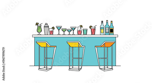 Modern cocktail bar counter with stools, colorful alcoholic drinks and liquor bottles in flat line art style, restaurant lounge interior vector