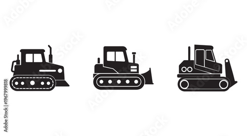 Black and white illustration of three different bulldozers with tracks and blades  isolated on white background