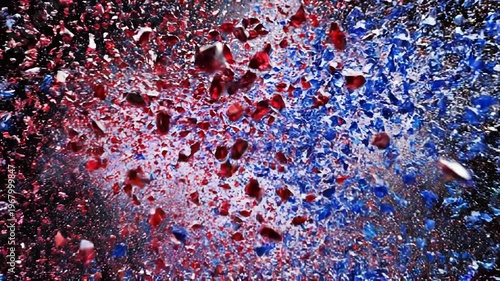 Abstract red and blue particles exploding against a dark background