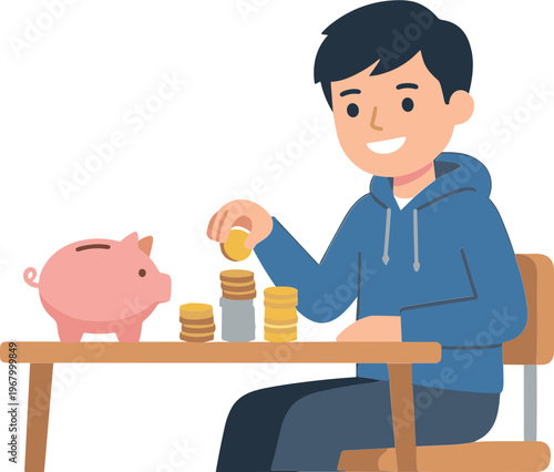 A man is saving coins in a piggy bank on a table indoors.