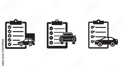 Black and white icons of vehicles with checklists on clipboard  vehicle inspection and paperwork concept