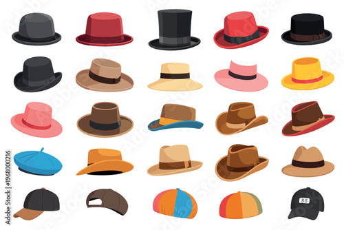 Cartoon hats and headgear set featuring stylish summer and autumn headwear for men and women in colorful vector illustration