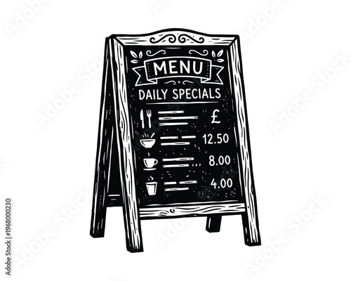 Chalkboard menu illustration, restaurant sign board, cafe daily specials, food price list woodcut