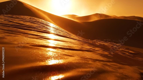 Sun setting over a vast desert with rippling sand dunes