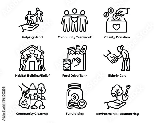 Charity work icons helping hand community teamwork donation habitat food drive elderly care clean up fundraising