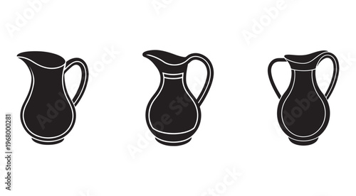 Black and white illustrations of jugs with handles in different shapes and sizes on white background  vector graphics