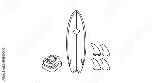 Minimalist surfboard line art vector, professional surfing equipment set with fins and wax, clean black and white surf gear icons for beach lifestyle