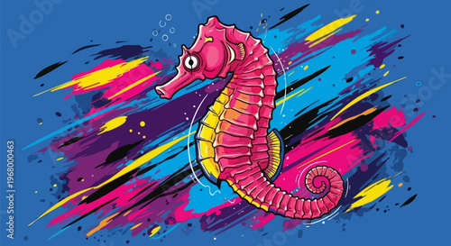 Vibrant pink seahorse vector illustration, colorful marine life character with abstract paint splashes, artistic ocean animal graphic on blue background