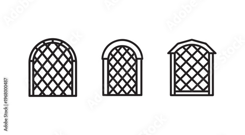 Black and white illustrations of three different arched and gabled trellises for climbing plants  decorative garden fences and gates