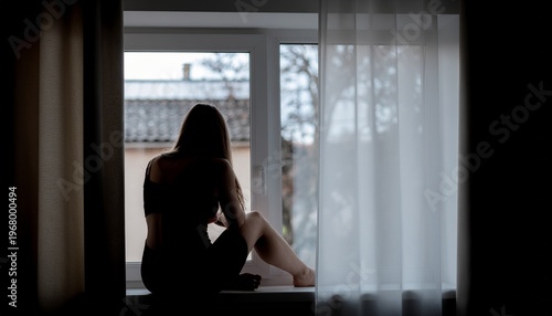A silhouetted woman sits on a windowsill looking out, framed by dark curtains. Free Download A silhouetted woman sits on a windowsill looking out, framed by dark curtains. - GFXLoad