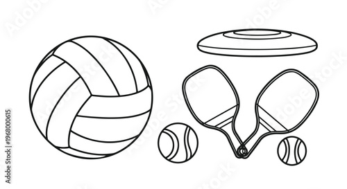 Minimalist summer sports equipment vector set, black and white volleyball and pickleball paddles, flying disc and tennis balls line art icons