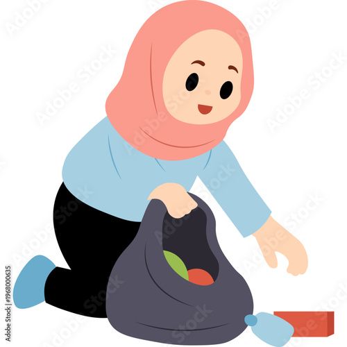 Illustration Person Collecting Trash in a Bag