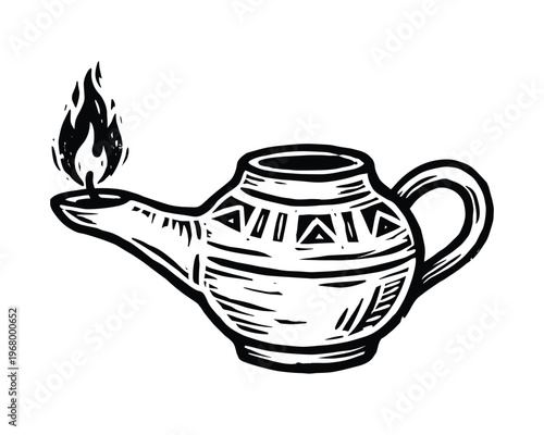 Clay lantern with fire and handle. Linocut art for historical artifact and middle eastern decoration.