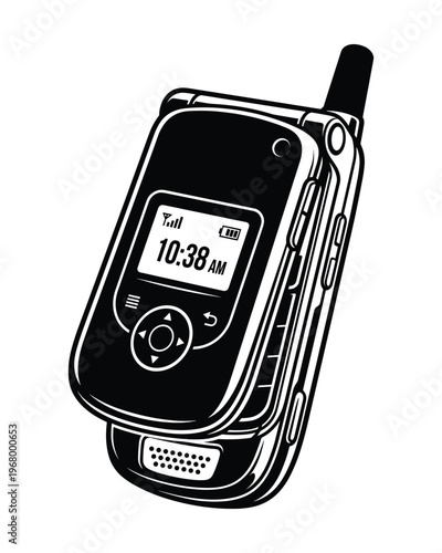 Closed cellular phone graphic, front screen interface, external antenna detail, communication device