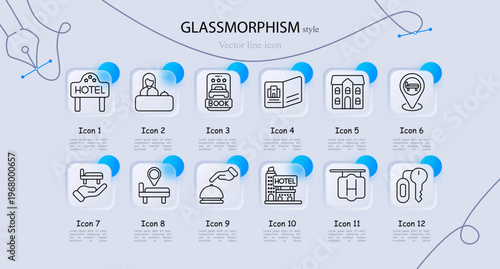 Hotel hospitality travel accommodation set icon. Line symbols with hotel signboard, receptionist desk, booking smartphone, brochure map, building hotel, parking location, luggage service, bell tray