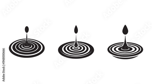 Black and white illustrations of water droplets creating ripples on water surface  three identical circular wave patterns with droplets above