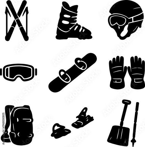 black and white illustration of snow sports equipment icons