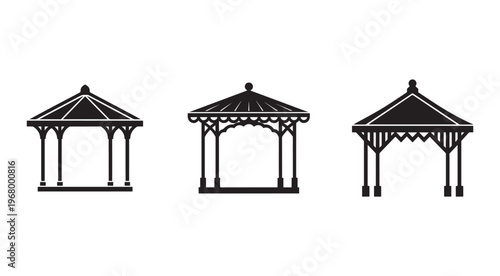 Black and white silhouettes of different gazebo structures with various roof designs and pillar details  isolated on white background