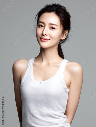 Beautiful Japanese woman soft smile white tank top casual style studio portrait natural makeup healthy skin