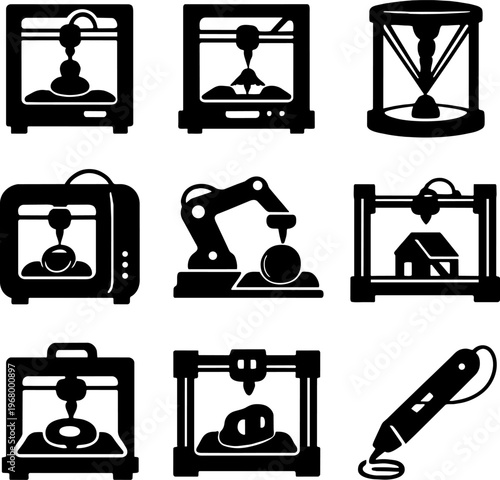 3D printing and manufacturing icons with robotic arm and hourglass
