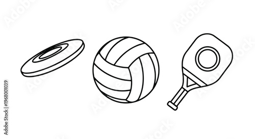 Minimalist summer sports equipment icons, black and white volleyball and flying disc vector, pickleball paddle line art illustration for beach games