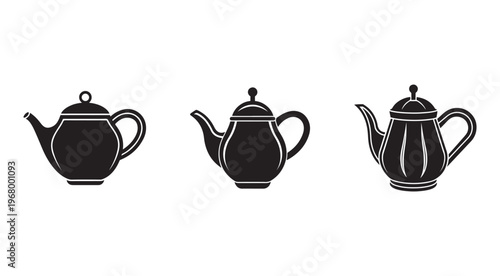 Black and white tea pot icons in different styles isolated on white background