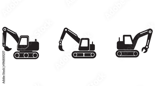Black excavator machine icons in different positions  heavy equipment for digging and lifting