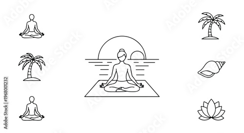 Minimalist yoga icon set with meditation figures, tropical palm trees and lotus flower symbols, thin line vector illustrations for wellness branding