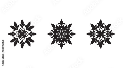 Black floral mandala designs with leaves and swirls on white background  decorative elements for art and craft projects