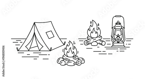 Minimalist camping line art icons, outdoor adventure tent and campfire vector set, black and white wilderness survival equipment illustrations