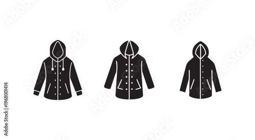 Black hooded jackets with white outlines in various styles and poses  front views  isolated on white background