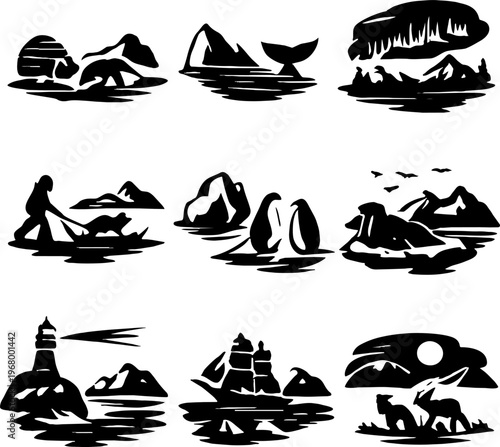 black and white vector illustration set of arctic landscape silhouette