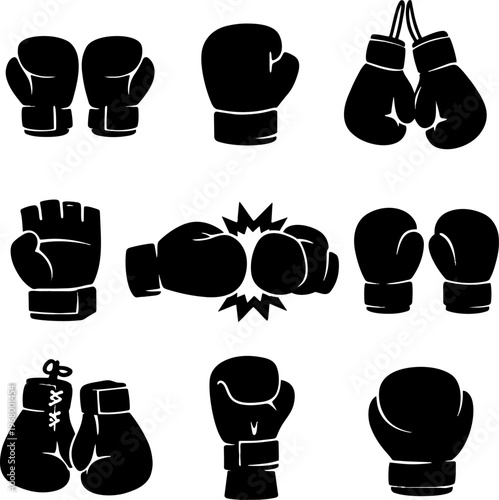 Black silhouette boxing gloves icons set illustration