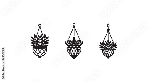 Black illustrations of hanging plants in baskets with different designs and leafy greens  plants with baskets