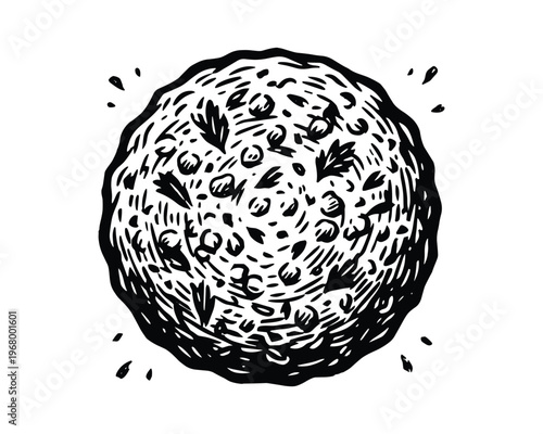 Detailed monochrome illustration of deep fried chickpea fritter with cilantro herbs and grainy texture