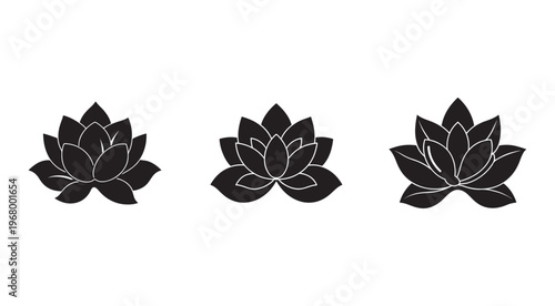 Black lotus flower icons with white outlines in different angles  simple line art style for design and decoration