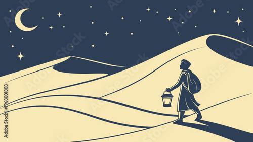 Lone Traveler Desert Night Flat Vector